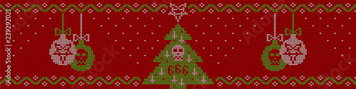 Ugly sweater knitted  background in red, green and white colors. Christmas tree decorated with a pentagram, inverted crosses and a skull and Christmas balls with skull and pentagram.