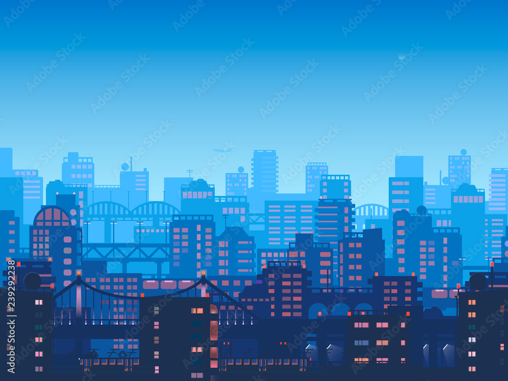 City at night.Vector town in flat style design.Panorama of the big city at night