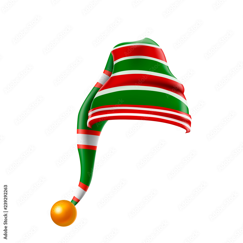 Fototapeta Christmas holiday hat.3D, funky red and green stripped cartoon christmas vector elf hat isolated vector, kids elf hat icon or label
