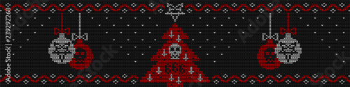 Ugly sweater knitted  background in black, red and white colors. Christmas tree decorated with a pentagram, inverted crosses and a skull and Christmas balls with skull and pentagram.