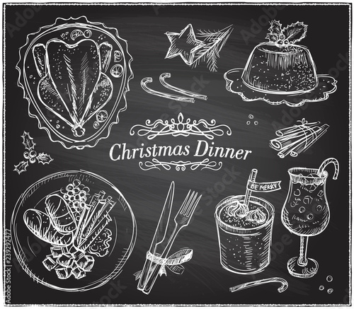 Christmas menu chalk meal elements, holiday menu - turkey, pudding, eggnog, sweet potato