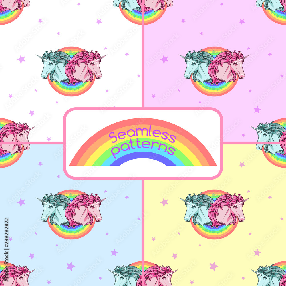 Rainbow unicorns. Seamless patterns.	