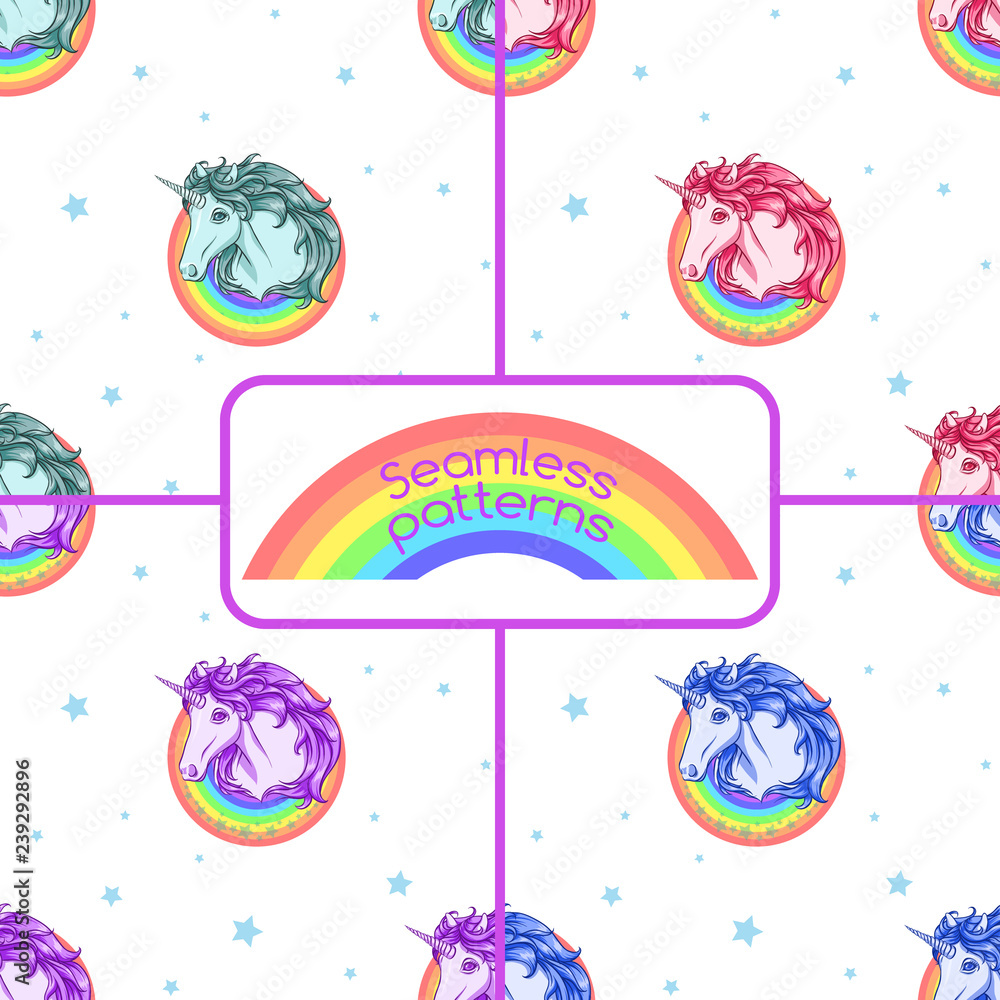Rainbow unicorns. Seamless patterns. Rainbow unicorns. Seamless patterns.