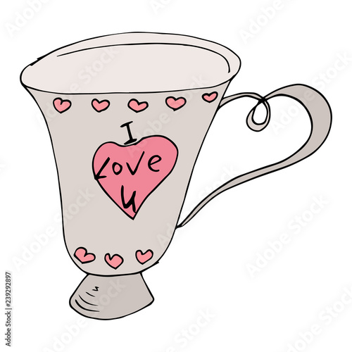 Mug with a heart for Valentine's Day. Vector of a cup with the inscription "I love you". Hand drawn.