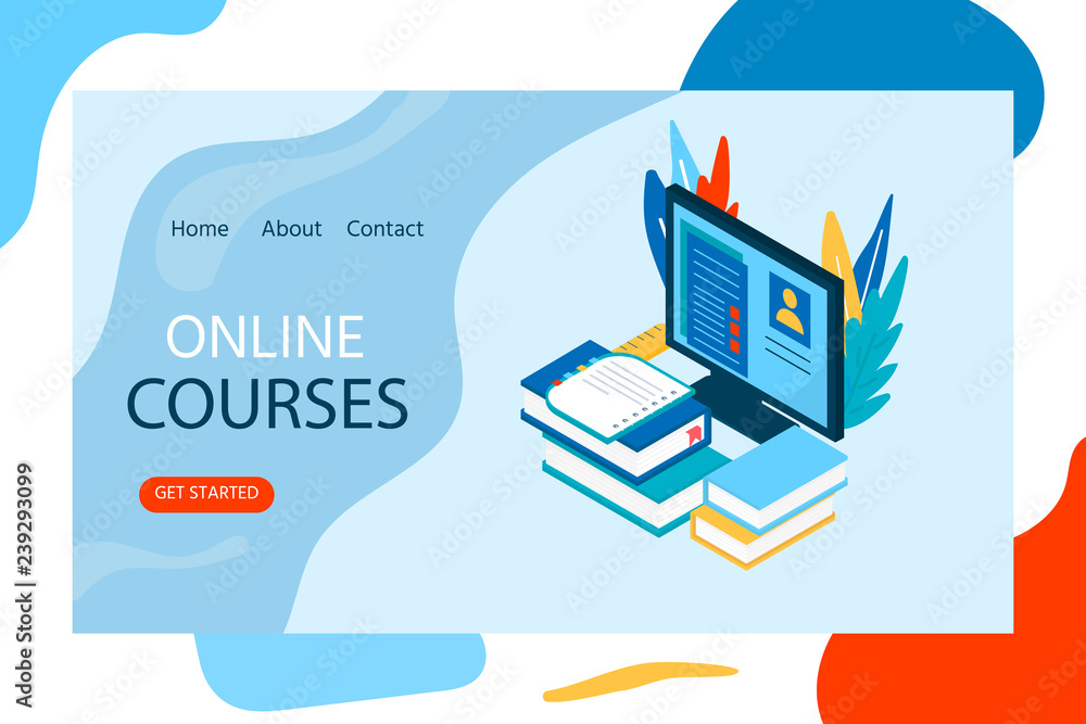 Online education concept. Isometric illustration with book and computer for training courses, tutorials Online education concept. Isometric illustration with book and computer for training courses, tutorials
