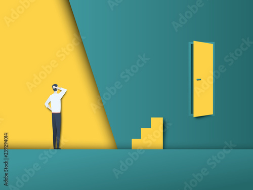 Business challenge and obstacle vector concept with door on the wall and stairs in wrong place, businessman trying to find solution. Symbol of finding solution, overcome obstacles.