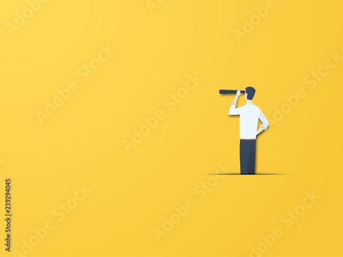 Business vision vector concept with businessman with telescope. Modern paper cutout style. Symbol of business visionary, leader, leadership concept, ambition and motivation.