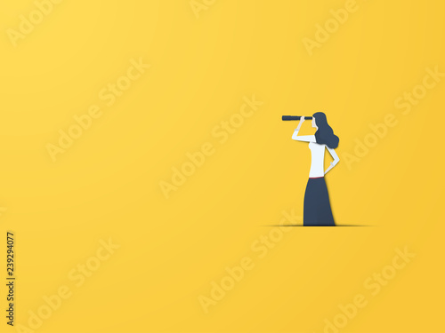 Business vision vector concept with businesswoman with telescope. Modern paper cutout style. Symbol of business visionary, leader, leadership concept, ambition and motivation.