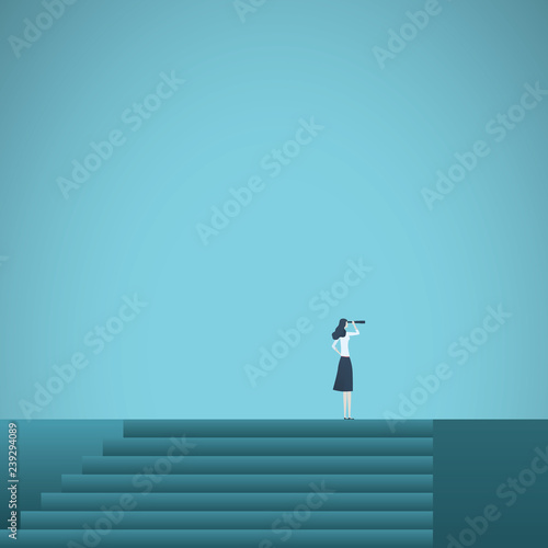 Buisnesswoman looking up career steps vector concept. Symbol of ambition, motivation, success in career, promotion.
