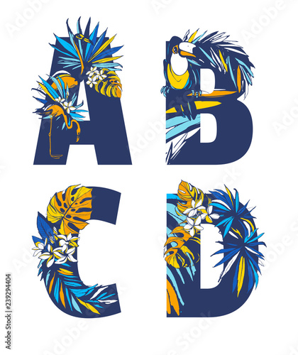 Decorative set tropical pattern letters alphabet font hand drawn floral ornament.