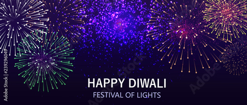 Diwali festival lights poster. DIwali holiday shiny background with fireworks. Vector illustration