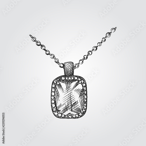 Hand Drawn Necklace with diamond Sketch Symbol isolated on white background. Vector Jewelry In Trendy Style. Necklace hand drawing sketches elements