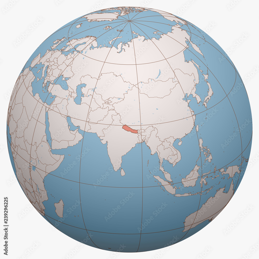Nepal On The Globe Earth Hemisphere Centered At The Location Of The 