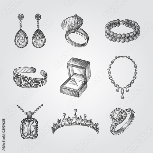 Hand Drawn Jewelry Sketches Set. Collection Of Accessories Sketches isolated on white background.