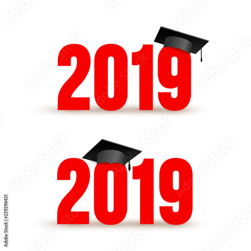 Set of Class of 2019 with Graduation Cap. Vector illustration. Isolated on white background.