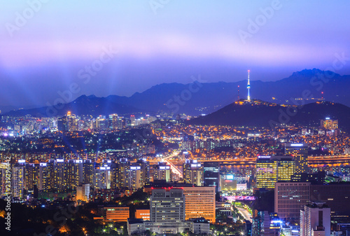 Seoul city Beautiful night of Korea with Seoul Tower after sunset