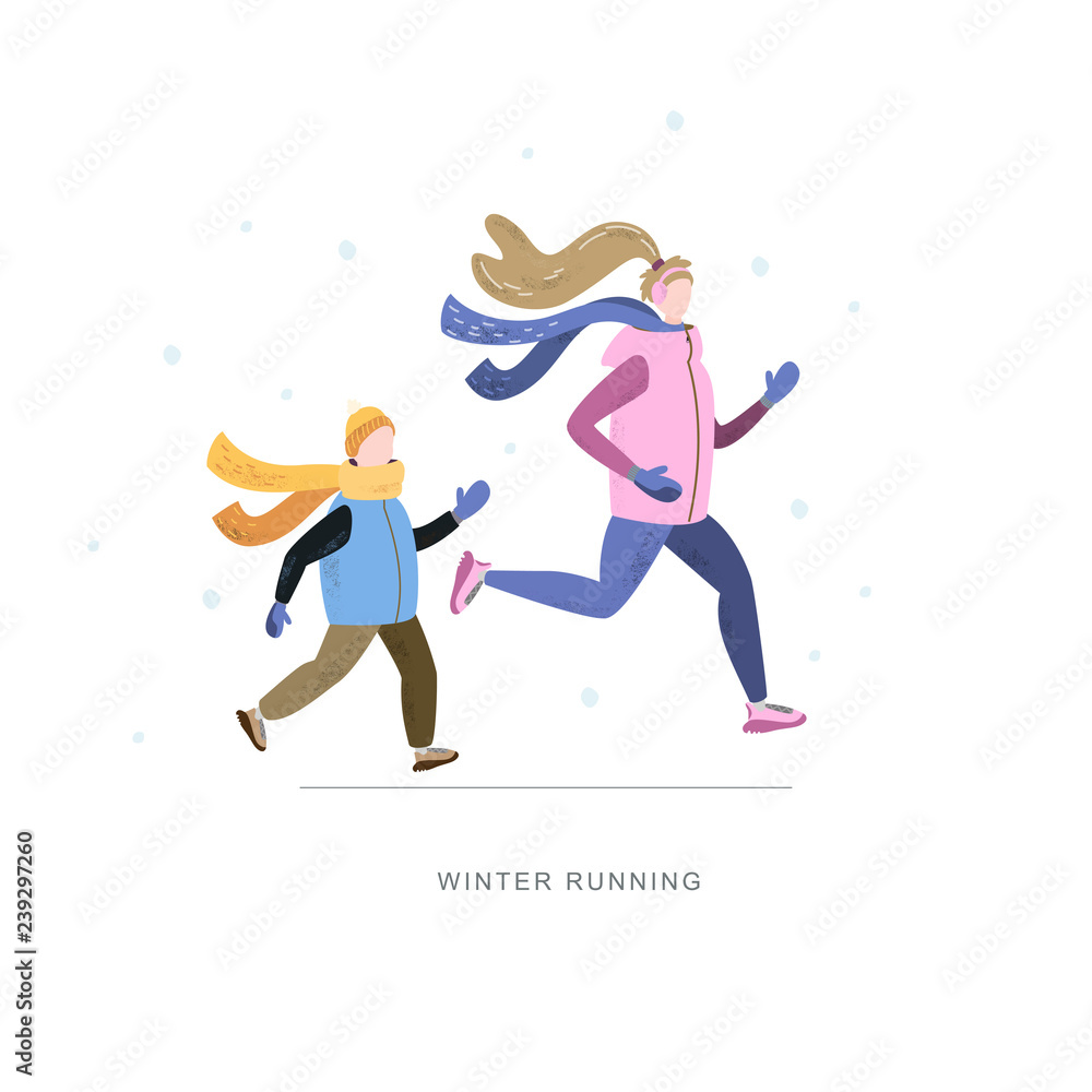 Young woman and child running in winter cold season. Handdrawn vector illustration