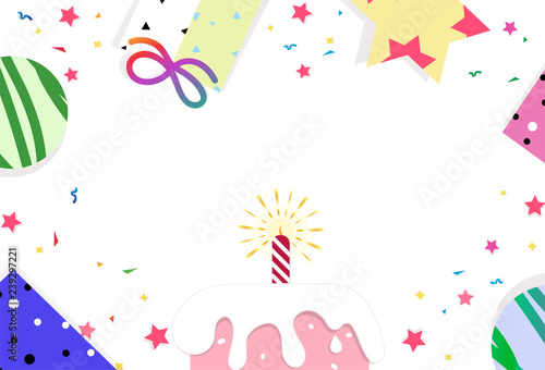 Happy birthday card, celebration party confetti stars scatter cake abstract background vector illustration