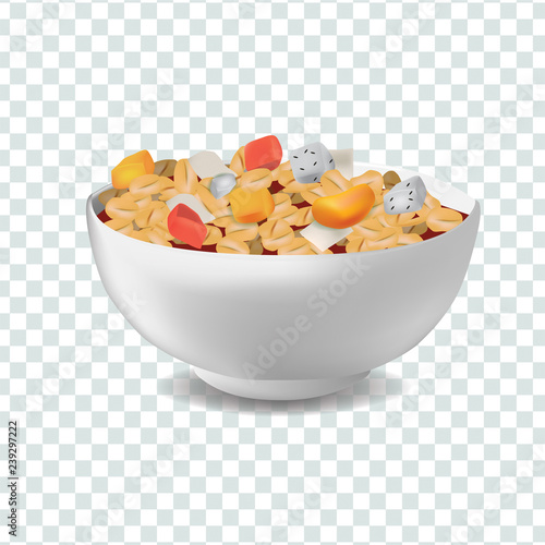 Vector realism style illustration muesli in bowl with fruits and berries