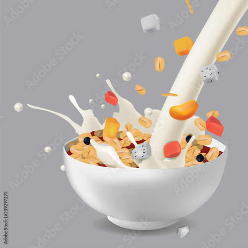 Vector realism style illustration muesli in bowl with fruits and berries