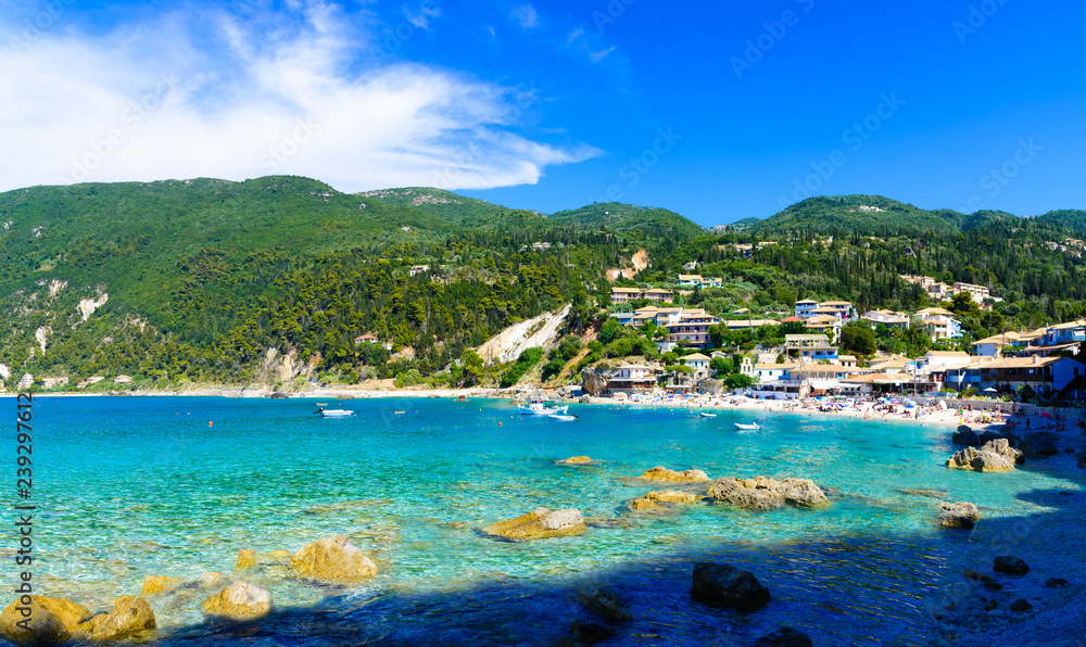 Panoramic view of the coastline and Agios Nikitas beach in Lefkada island, with blue clean water, in summertime, Greece
