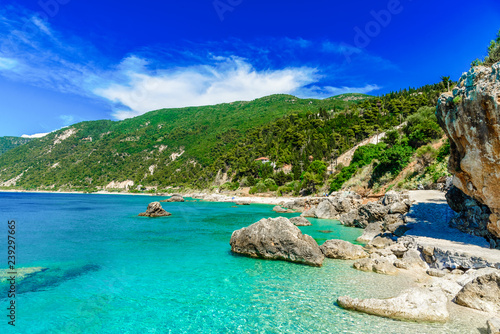 Fototapeta Naklejka Na Ścianę i Meble -  Blue clean water in Lefkada island, Agios Nikitas beach in summertime, Greece