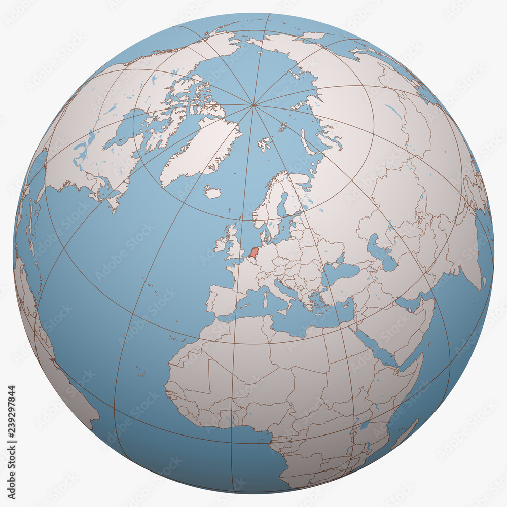 Netherlands on the Earth hemisphere centered at the location of the Kingdom of Netherlands. Netherlands map. Stock Vector | Adobe Stock