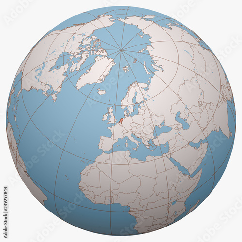 Netherlands on the globe. Earth hemisphere centered at the location of the Kingdom of the Netherlands. Netherlands map.