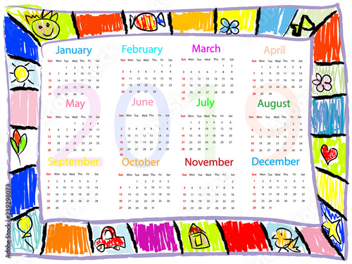 Colorful  Chalk drawing doodles frame children kids calendar 2019 year 
