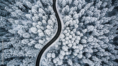 Curvy windy road in snow covered forest, top down aerial view © marcin jucha