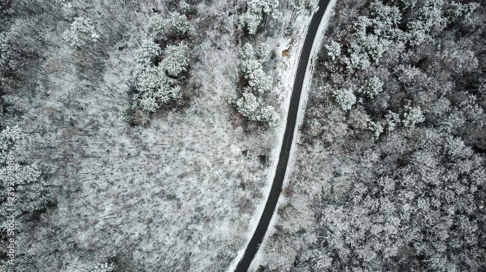 Empty road in snowy forest,aerial drone view