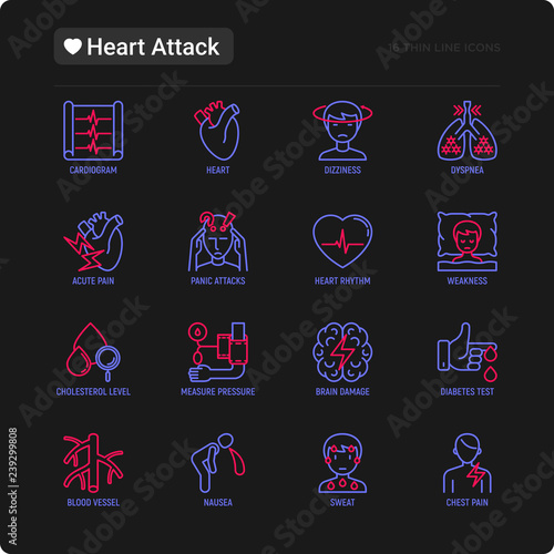 Heart attack symptoms thin line icons set: dizziness, dyspnea, cardiogram, panic attack, weakness, acute pain, cholesterol level, nausea, diabetes. Modern vector illustration.