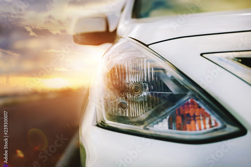 Car Blonde traveling in nature on an asphalt road 