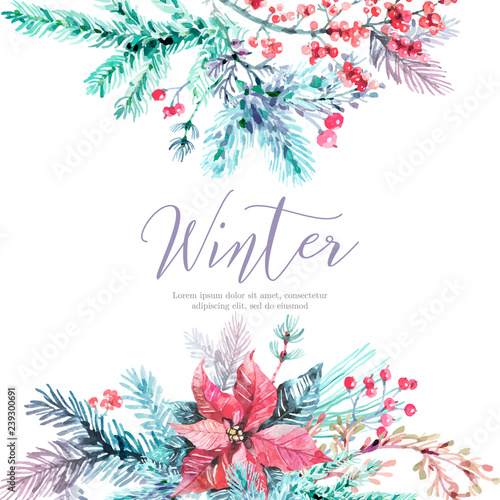 Pastel winter floral background in watercolor style