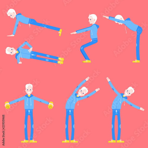 Vector illustration set of elderly man doing sport exercises in flat style - isolated senior male character in different athletic poses for healthy and active lifestyle at retirement age concept.