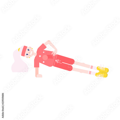 Vector illustration of grandmother standing in side plank sport pose in flat style - smiling aged female character doing workout isolated on white background for healthy and active lifestyle concept.