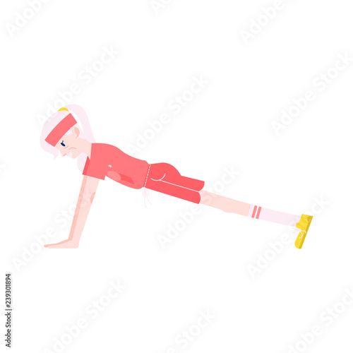 Vector illustration of grandmother standing in front plank sport pose in flat style. Aged female character doing workout isolated on white background for healthy and active lifestyle concept.