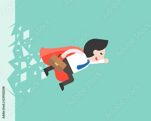 Super Businessman flying through a glass, business situation