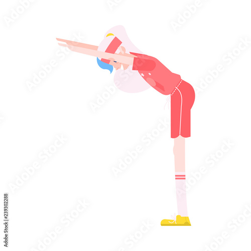 Vector illustration of grandmother making torso forward bending in flat style - healthy and sporty aged female character doing fitness exercises isolated on white background.