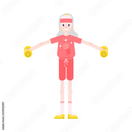 Vector illustration of grandmother raising hand with weights in flat style - isolated aged female character doing sport exercises d for healthy and active lifestyle in old age concept.