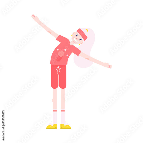 Vector illustration of grandmother making torso bending sideways in flat style. Athletic and smiling aged female character doing sport exercises isolated on white background.