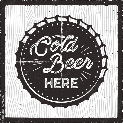 Cold Beer Here - Retro craft brewery card, pub poster design. Silhouette style. Brewing logo. Nice for patch, t shirts, stickers, prints. Stock vector patches isolated on woods pattern background