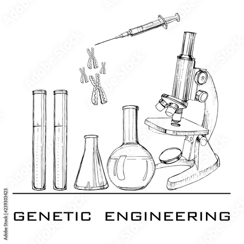 illustration of hand drawn genetic engineering. Set elements for DNA laboratories. Sketch microscope, test tubes, syringe and celll chromosome. Objects for laboratories researches