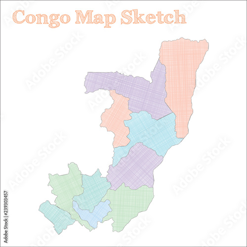 Congo map. Hand-drawn country. Dramatic sketchy Congo map with regions. Vector illustration.