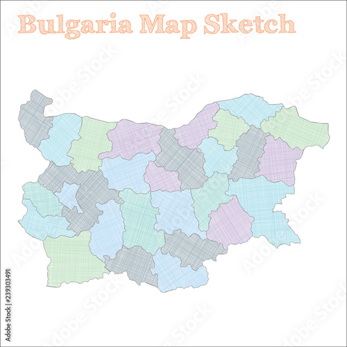 Bulgaria map. Hand-drawn country. Bizarre sketchy Bulgaria map with regions. Vector illustration.