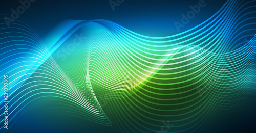 Glowing abstract wave on dark, shiny motion, Christmas and New Year magic space light. Techno abstract background