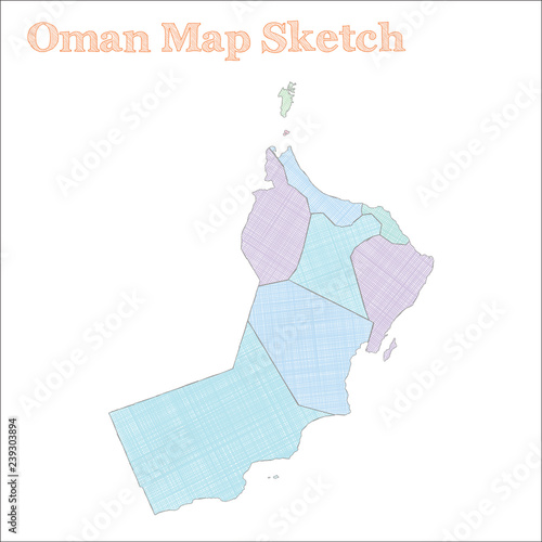 Oman map. Hand-drawn country. Vibrant sketchy Oman map with regions. Vector illustration.