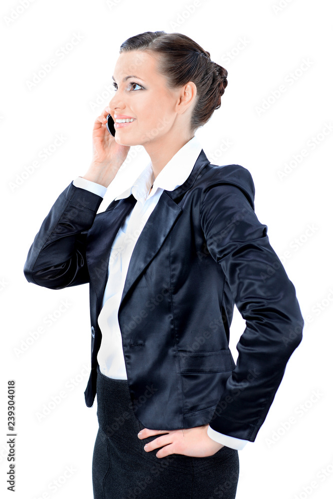 Nice business woman talks on the phone. Isolated on a white background. Nice business woman talks on the phone. Isolated on a white background.