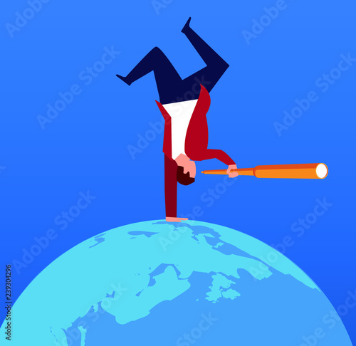 Businessman holding a telescope standing upside down on earth