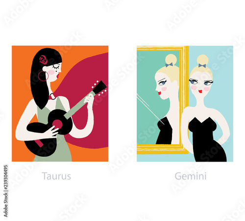 taurus and gemini fashion girls horoscope signs. vector illustration. 